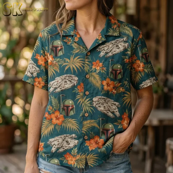 A woman wearing the star wars tropical shirt has her hand in her front pocket, bringing the helmet and Millennium Falcon motifs on the lower front panel into sharp focus.
