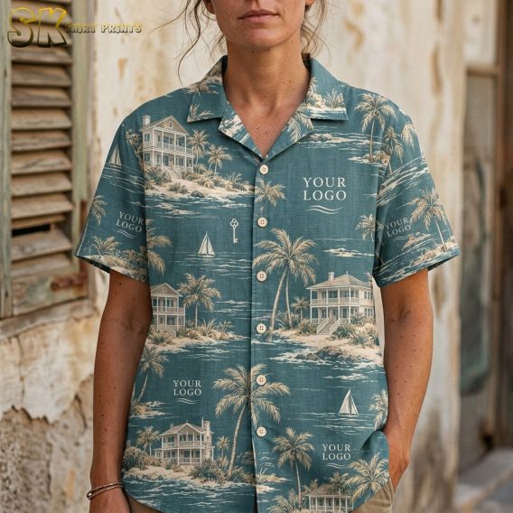 A woman wearing the teal coastal Hawaiian shirt stands close to a weathered wall, with placeholder logo text printed repeatedly across the chest area to indicate where a custom logo can be placed.