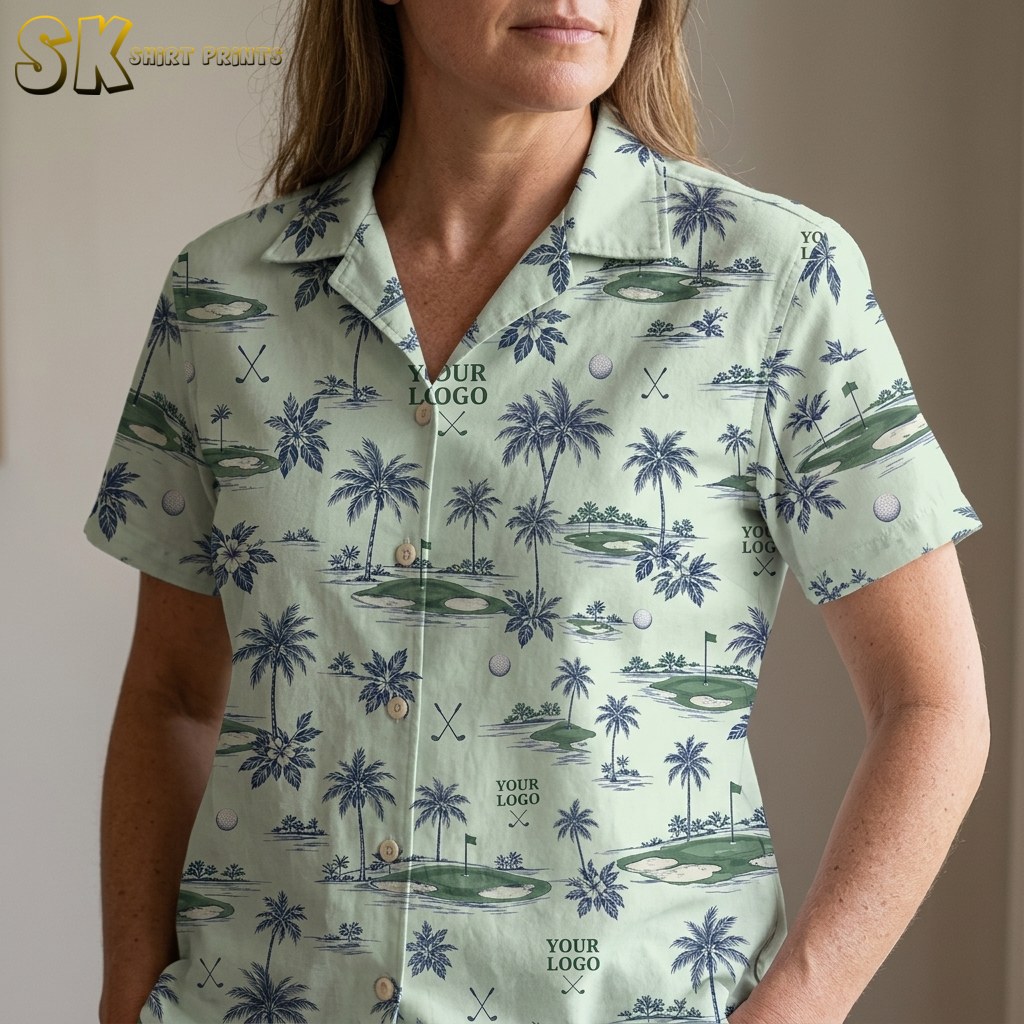 A woman wears a light green Hawaiian shirt and the camera is close enough to show the 'YOUR LOGO' text with crossed golf clubs appearing multiple times across the chest, alongside navy palm trees and golf ball motifs.