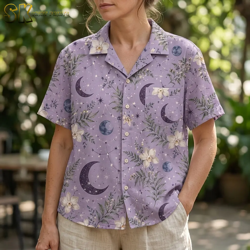 A woman wearing the lavender shirt outdoors, with the camp collar, button placket, and chest pocket visible, showing the crescent moons and full moons mixed among white flowers and green foliage at close range.