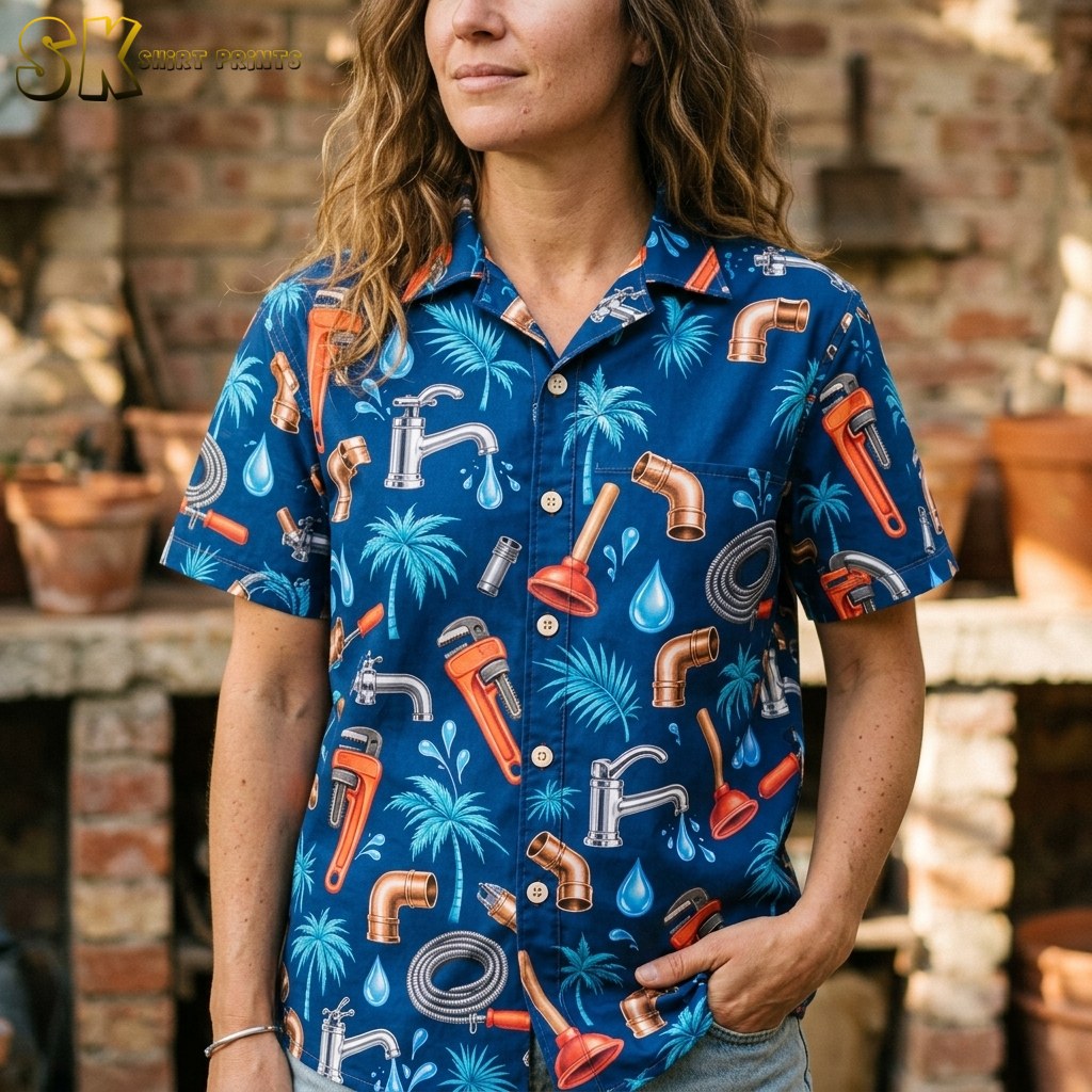 A woman with curly hair wearing a navy button-up shirt covered in plumbing motifs stands in front of a brick fireplace, with copper pipe elbows and red plungers clearly visible at close range.