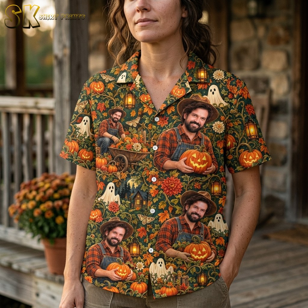 A woman wearing the pumpkin hawaiian shirt stands on a porch, with the close-up framing revealing the layered motifs—grinning jack-o'-lanterns, white cartoon ghosts, golden butterflies, and a wheelbarrow scene—woven into the green vine-covered background.