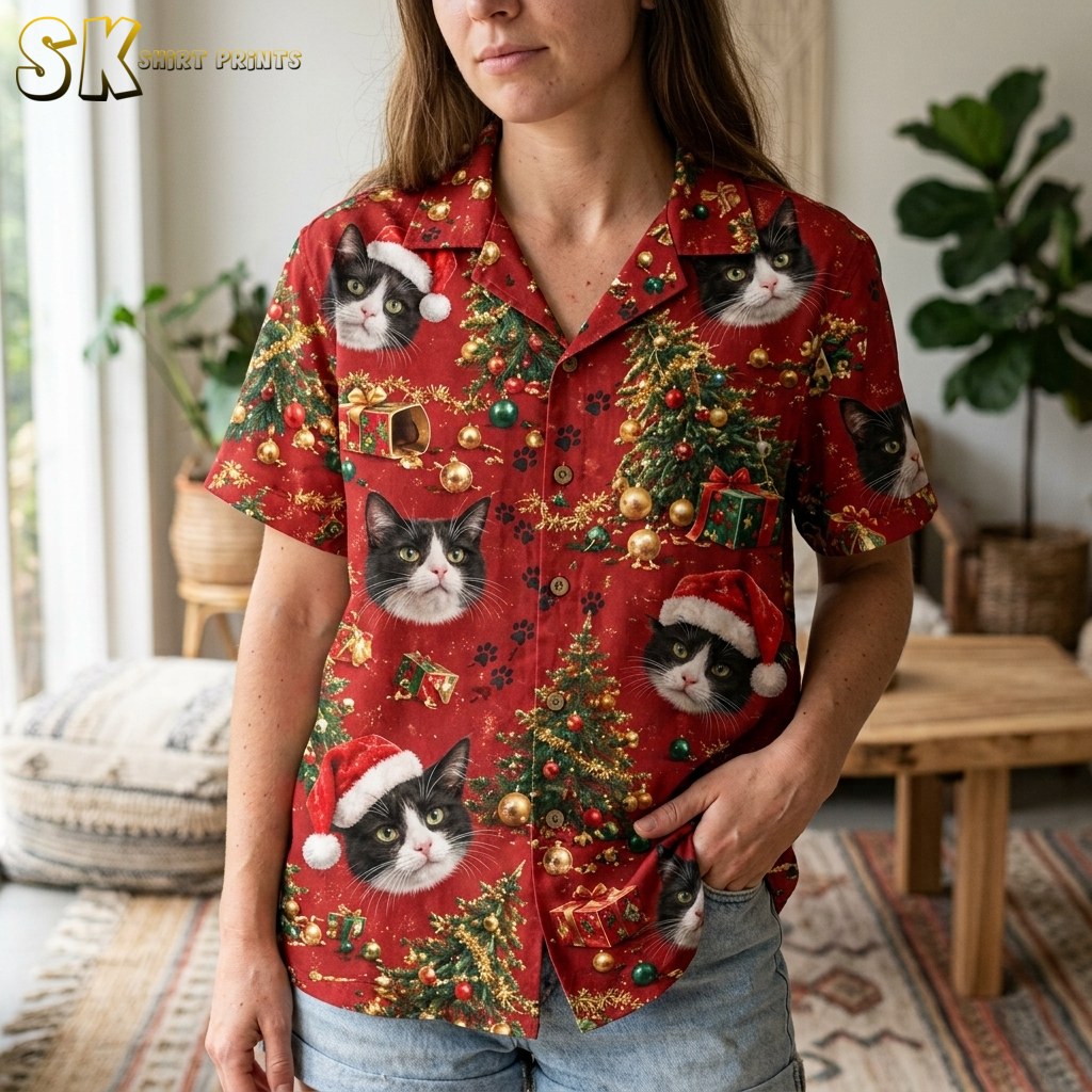 A woman wearing the red hawaiian christmas shirt indoors holds the hem, bringing the lower front panel into focus and highlighting the Santa-hat cat faces and Christmas tree details up close.