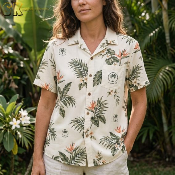 A woman stands outdoors in front of dense palm foliage wearing the botanical-print shirt, with the circular Aloha Co. logo on the chest pocket and a second logo repeat visible lower on the front panel.