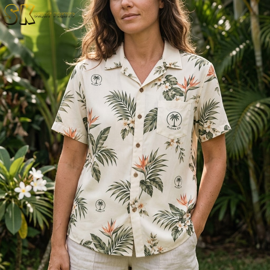 A woman stands outdoors in front of dense palm foliage wearing the botanical-print shirt, with the circular Aloha Co. logo on the chest pocket and a second logo repeat visible lower on the front panel.