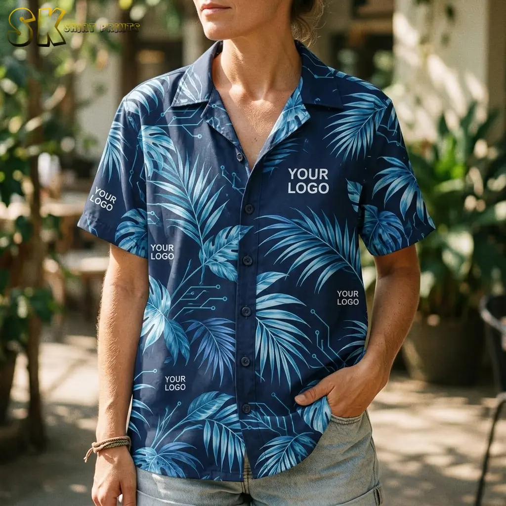 A woman standing in a leafy garden wears the navy camp-collar shirt open at the neck, with multiple 'YOUR LOGO' text placements scattered across the front visible at close range alongside the teal circuit-board line details.