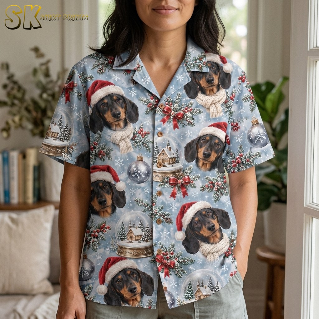 A woman wearing a ladies christmas hawaiian shirt stands in a bright living room, with the close framing revealing the realistic shading on the dachshund faces, red bows, and silver snowflake ornaments.