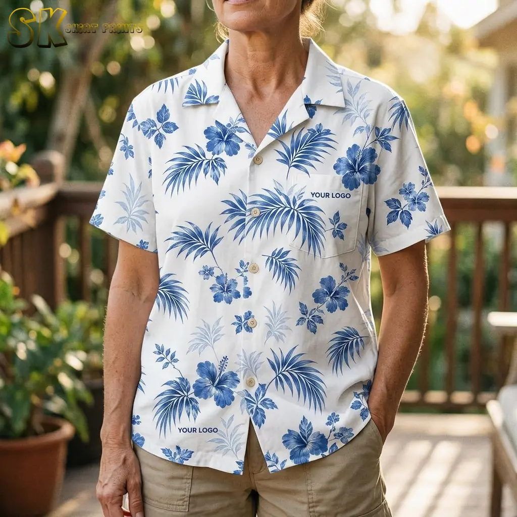 A woman wearing a white custom logo Hawaiian shirt stands on a wooden deck, with the blue hibiscus and palm-leaf print filling the frame and two 'YOUR LOGO' placements clearly visible on the chest and lower front.