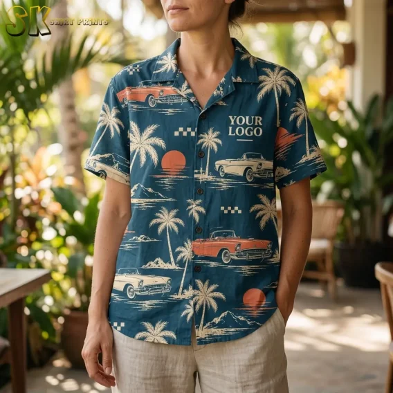 A woman wearing a teal Hawaiian shirt with 'YOUR LOGO' printed on the front chest stands in a lush outdoor space, the red-orange convertible car motif visible at mid-chest level.