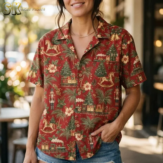 A woman wearing a womens hawaiian christmas shirts style button-up stands on a sunny outdoor street, the nutcracker soldiers, toy trains, and hibiscus flowers on the reddish-brown fabric shown in sharp detail at mid-torso.