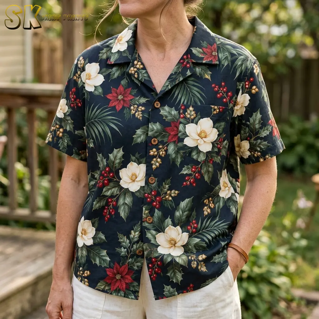A woman wearing the christmas hawaiian shirt womens style stands outdoors, showing the dense arrangement of white magnolias, red berries, and holly leaves up close across the chest and buttons.