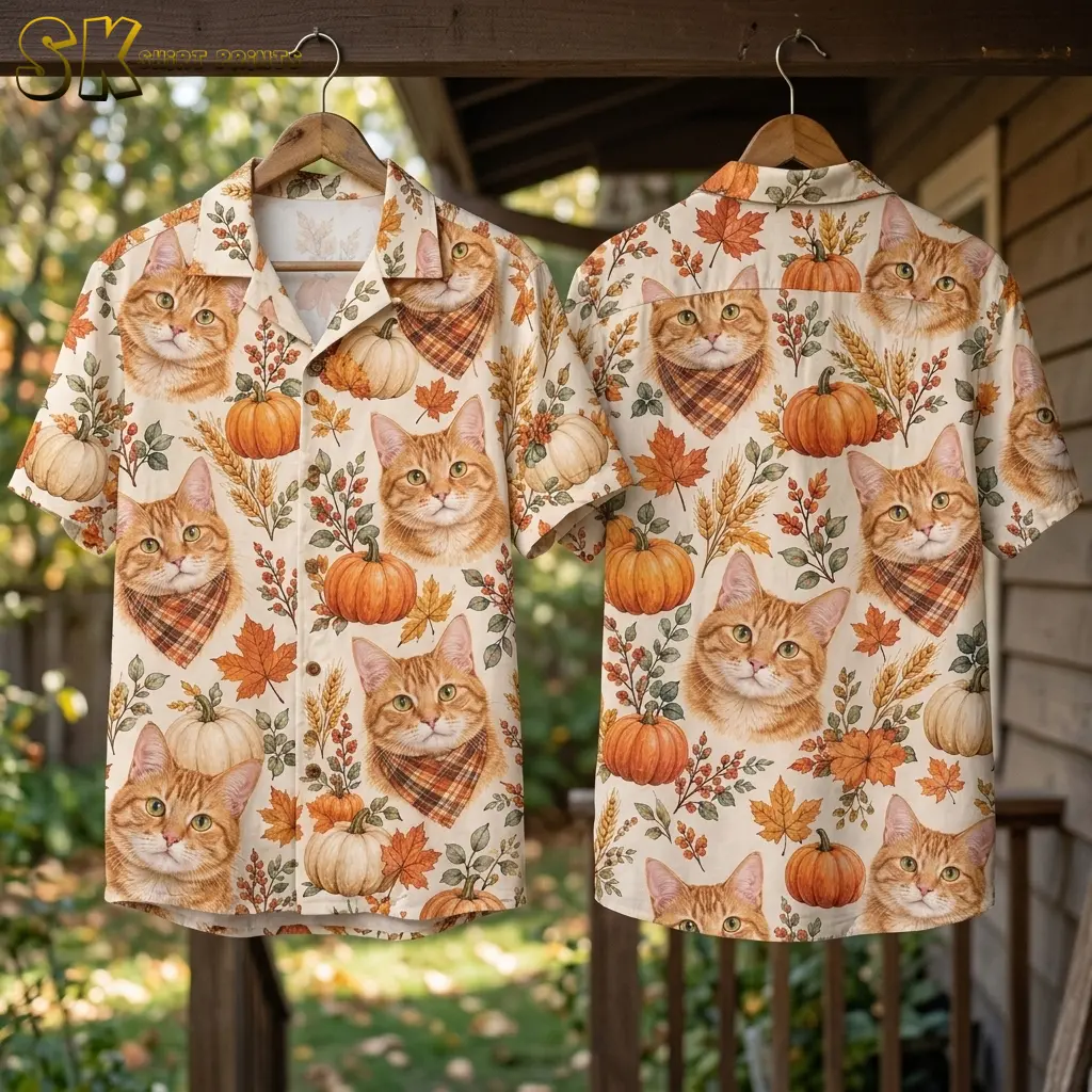 Front and back of cream autumn cat shirts hang from wooden hangers on a porch, showing pumpkins and orange leaves throughout the print.