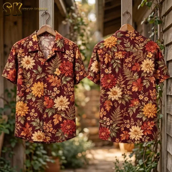 Front and back displays of the burgundy floral shirt hang from wooden hangers along a plant-lined wooden walkway.