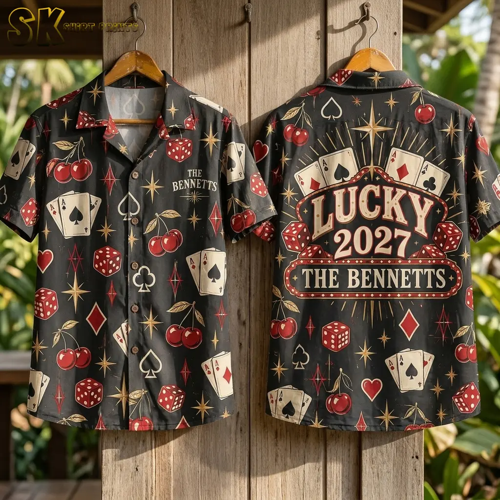 Two black casino-print shirts hang front and back against wooden boards, displaying the “LUCKY 2027 THE BENNETTS” back design.