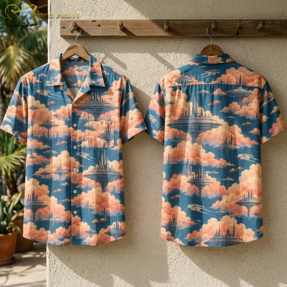 Front and back displays of a blue Star Wars Hawaiian shirt hang from a wooden peg rack against a textured light wall.