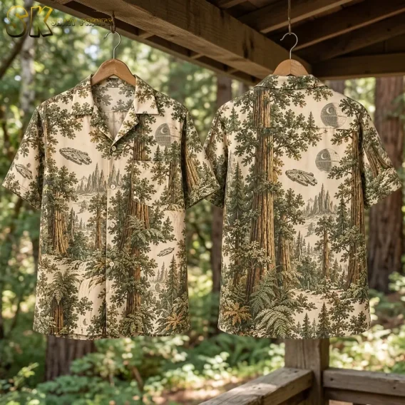 Front and back of a cream Star Wars Hawaiian shirt hang on wooden hangers beneath a wooden roof with forest greenery behind them.