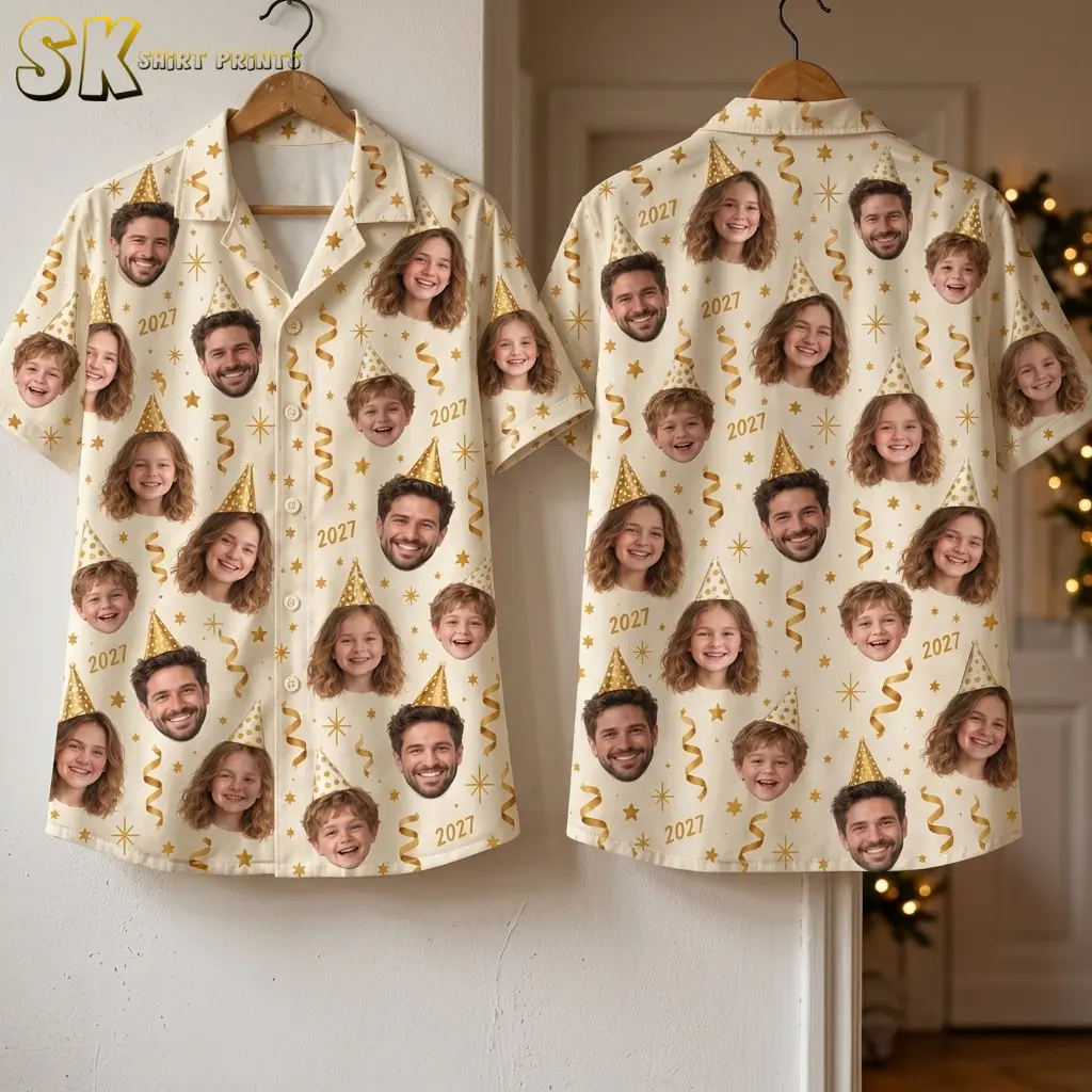 Cream face-print shirts hang from wooden hangers, showing the buttoned front and full back with gold party motifs and 2027 text.