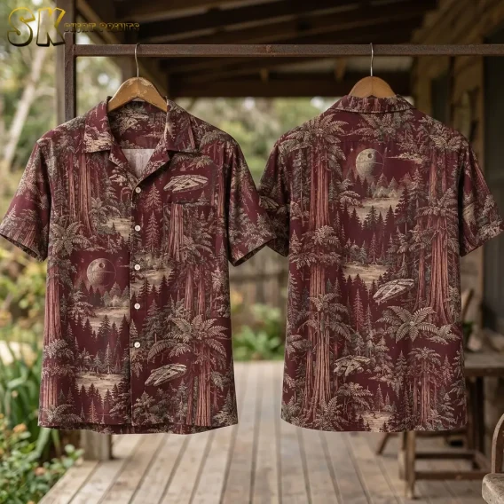 Front and back maroon shirts hang from wooden hangers on a metal rack, displaying an all-over beige forest and sci-fi pattern.