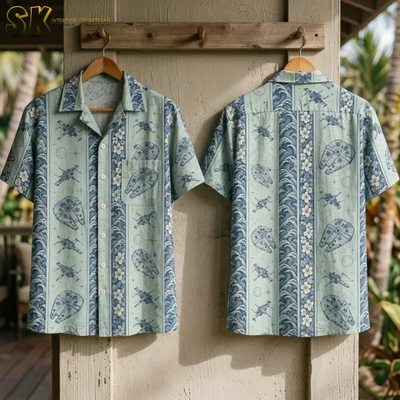 Front and back versions of a seafoam green Star Wars aloha shirt hang from wooden hangers, displaying vertical spacecraft and tropical stripes.