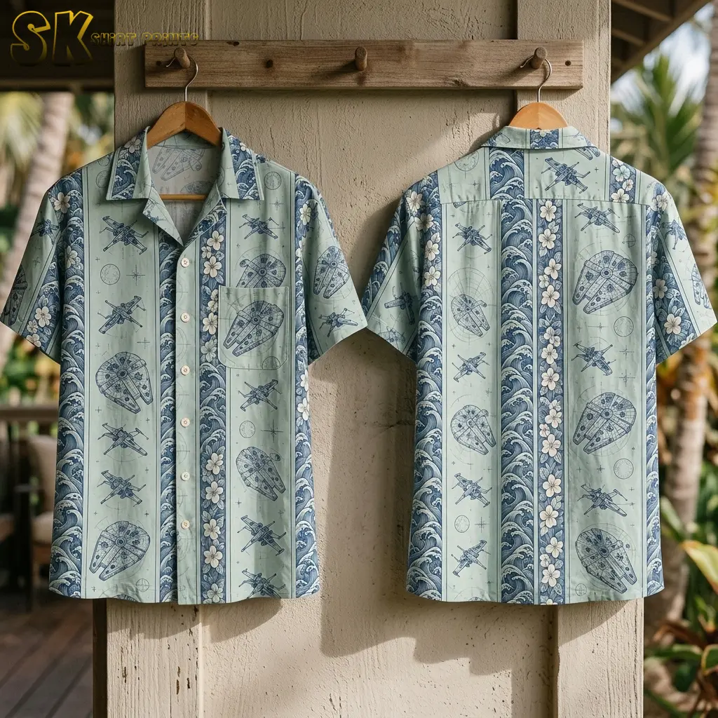 Front and back versions of a seafoam green Star Wars aloha shirt hang from wooden hangers, displaying vertical spacecraft and tropical stripes.