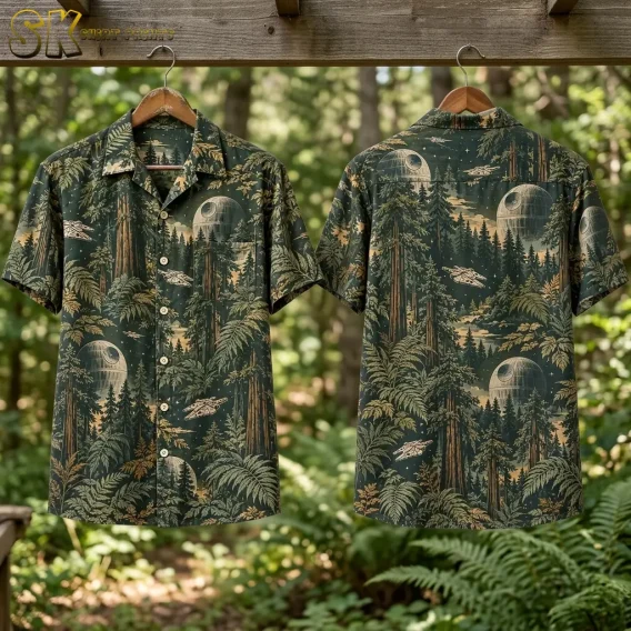 Front and back displays of a green Star Wars tropical shirt hang from wooden hangers against a leafy forest backdrop.