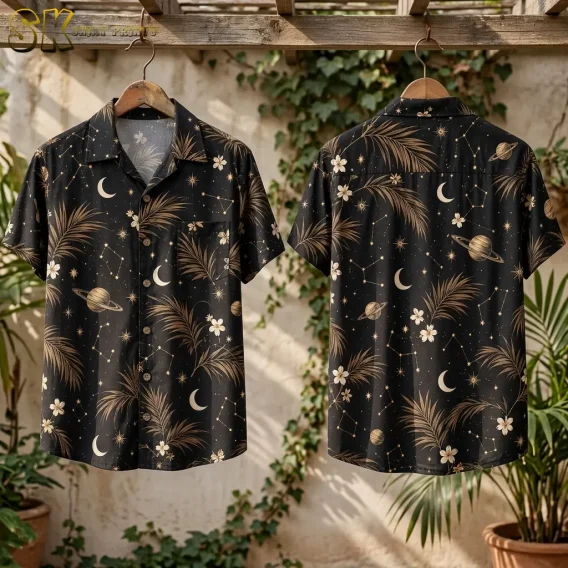Front and back of the black tropical celestial shirt hang from wooden hangers beneath a wooden beam, against an ivy-covered wall.