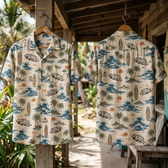 Cream Star Wars tropical shirts hang front and back on wooden hangers beneath a wooden roof, showing waves, palms, and spacecraft.