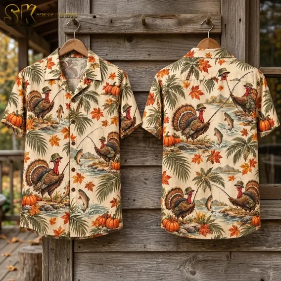 Front and back of a beige turkey-print shirt hang on wooden hangers against weathered wood, showing pumpkins and fall leaves.