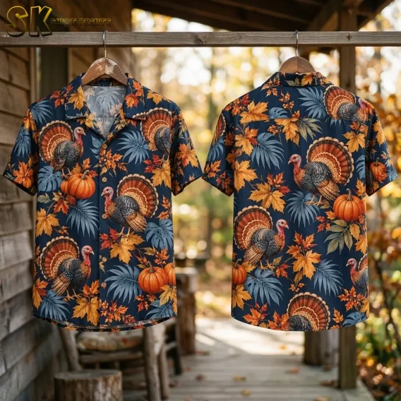 Front and back of a navy turkey-print shirt hang from wooden hangers on a porch rail, with autumn trees in the background.