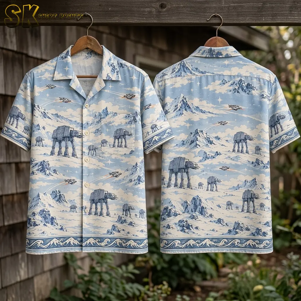 Front and back displays of a light blue Star Wars Hawaiian shirt hang from wooden hangers beside weathered siding and greenery.
