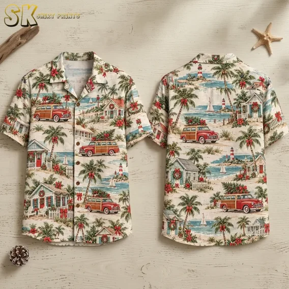Front and back of a cream Christmas Hawaiian shirt laid flat on pale wood, featuring red woodie cars and holiday-decorated beach cottages.