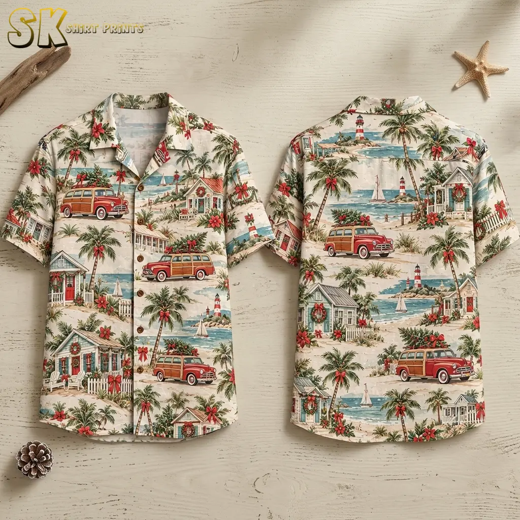 Front and back of a cream Christmas Hawaiian shirt laid flat on pale wood, featuring red woodie cars and holiday-decorated beach cottages.
