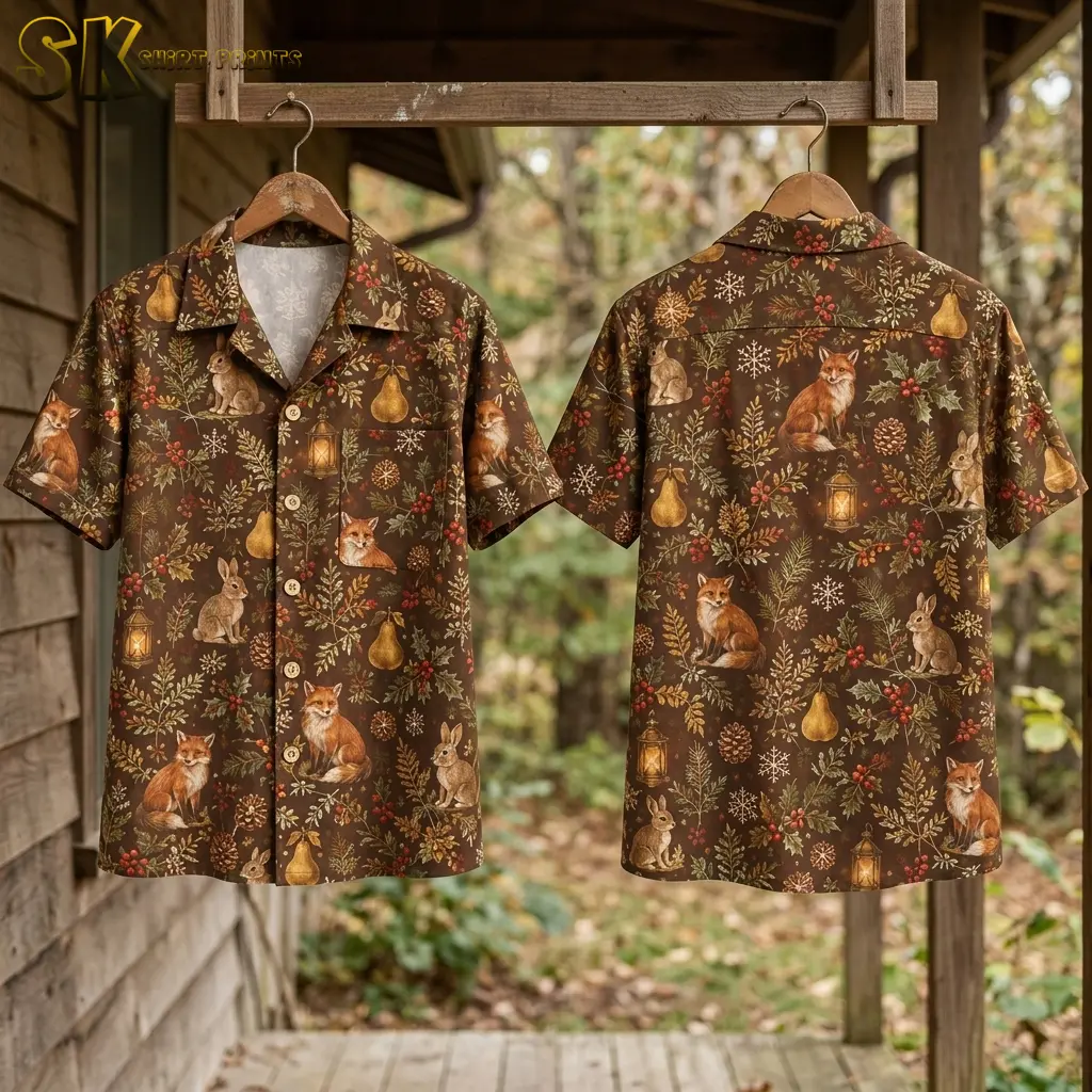 Two xmas hawaiian shirts hang side by side on wooden hangers against an outdoor wooden wall, showing the front with its chest pocket and the back with a prominent sitting fox surrounded by snowflakes and holly.