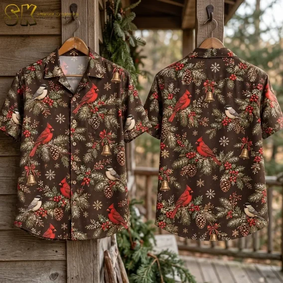 Front and back of xmas hawaiian shirts hung on wooden hooks outside a cabin, surrounded by evergreen garland, showing the full repeat pattern on both sides.