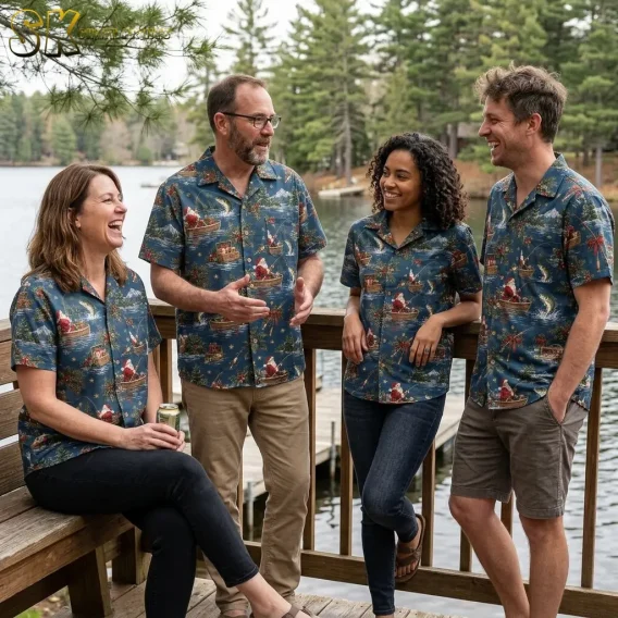 Two men and two women wearing matching xmas hawaiian shirts laugh together on a deck overlooking a pine-lined lake, each shirt showing the Santa-in-a-rowboat print at slightly different angles.
