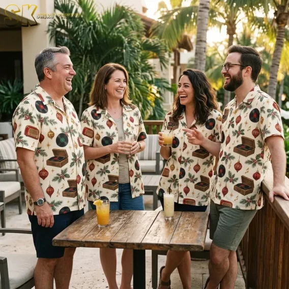 Four adults wearing matching xmas hawaiian shirts laugh together around a wooden table on a tropical outdoor terrace, each holding a drink.